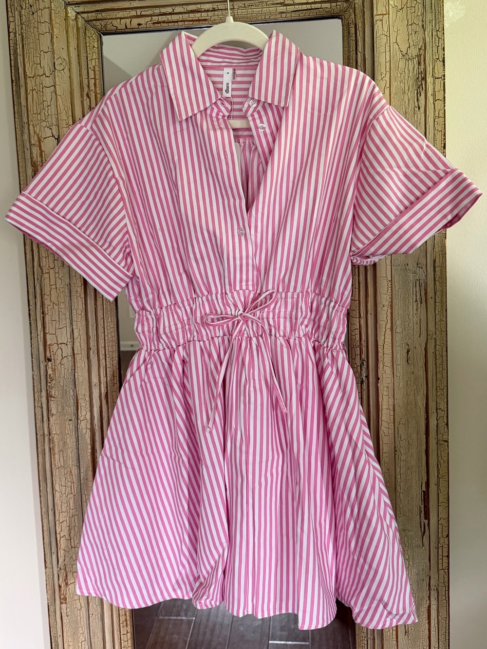 glam Pink and White Striped Drawstring Shirt Dress